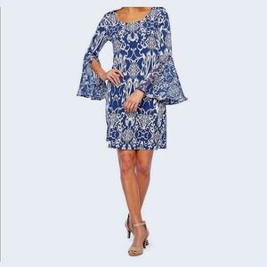 MSK Blue White Print Bell Sleeve Dress Mini Party Boho Batik Retro Cocktail Date